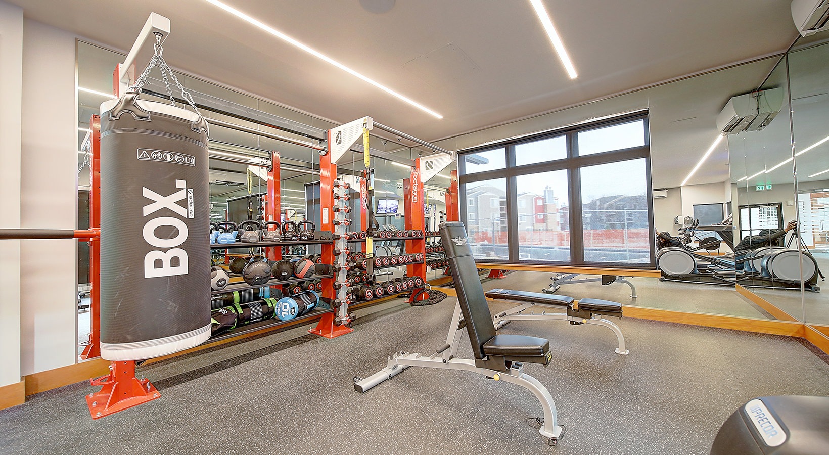 Fitness Center Fitness center with free weights, treadmills and ellipticals.