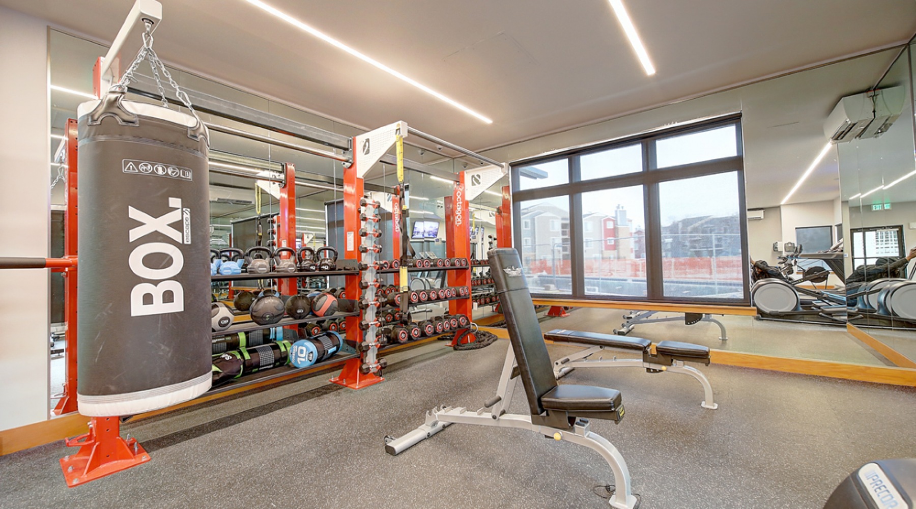 Fitness Center Fitness center with free weights, treadmills and ellipticals.